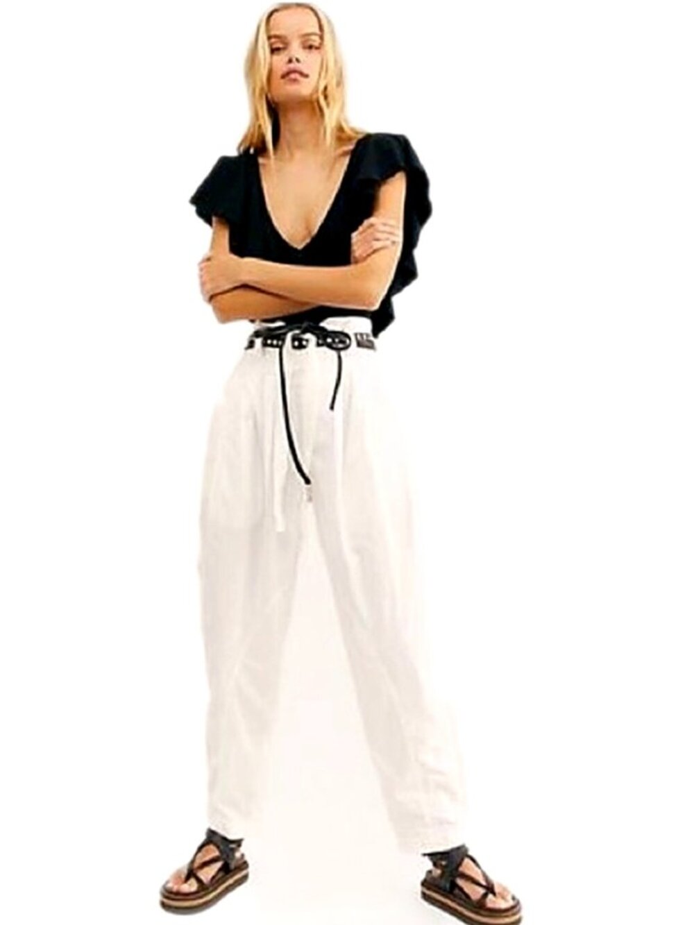 Free People Pants Isadora Cinch Belted Barrel Pleated Tie Waist Pants White 6
